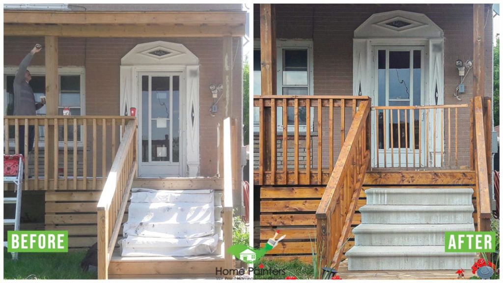 before and after picture of deck stair staining home painters toronto