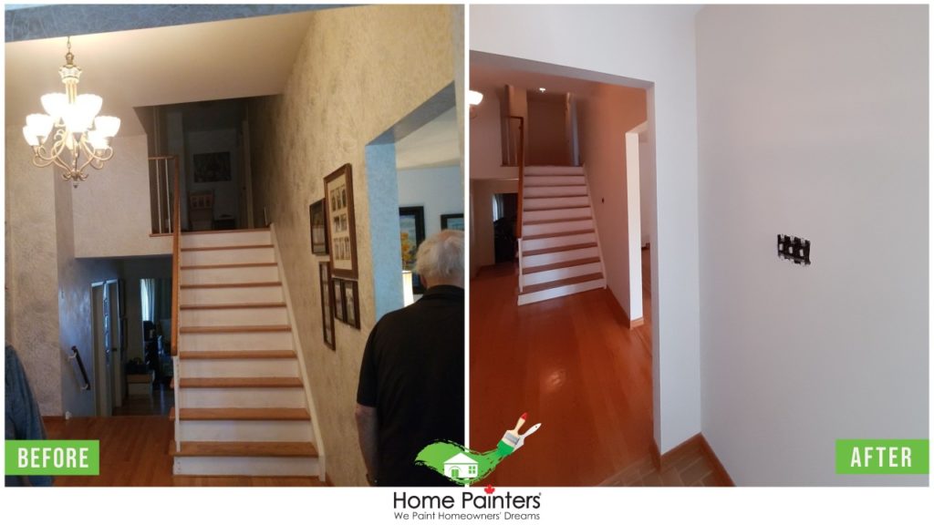 Before and after of a wallpaper removal project in toronto, painted white after