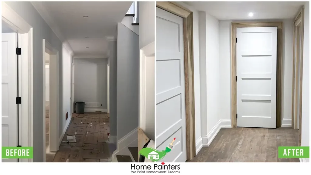 Interior Painting Drywall Installation White Before and After Finished Hallway with Doors