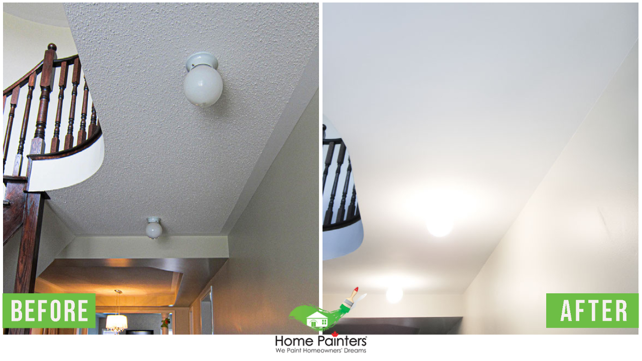 Before and after picture of interior residential house painting for popcorn ceiling removal