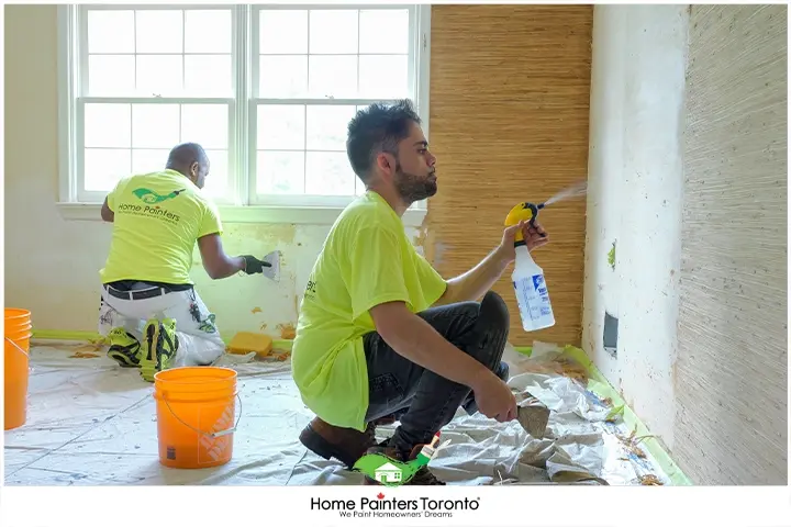 Painter Spraying Water for Wallpaper Removal