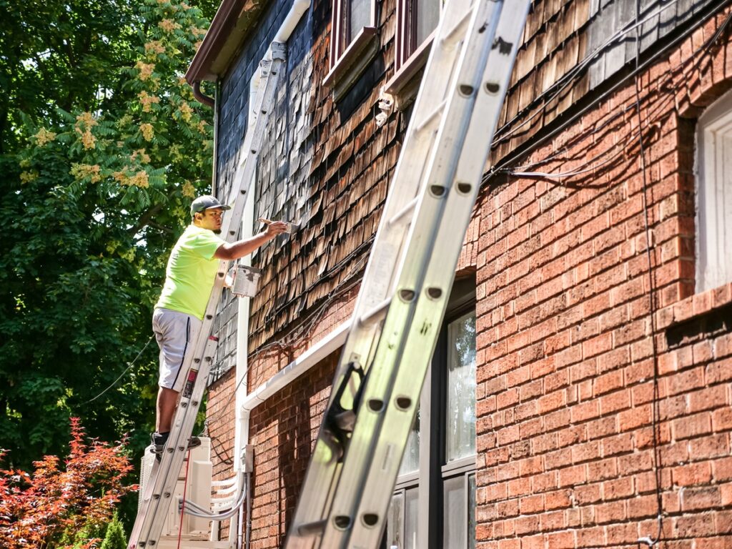 Exterior Painting Residential Taupe Workers with Brush Siding by Home Painters Toronto