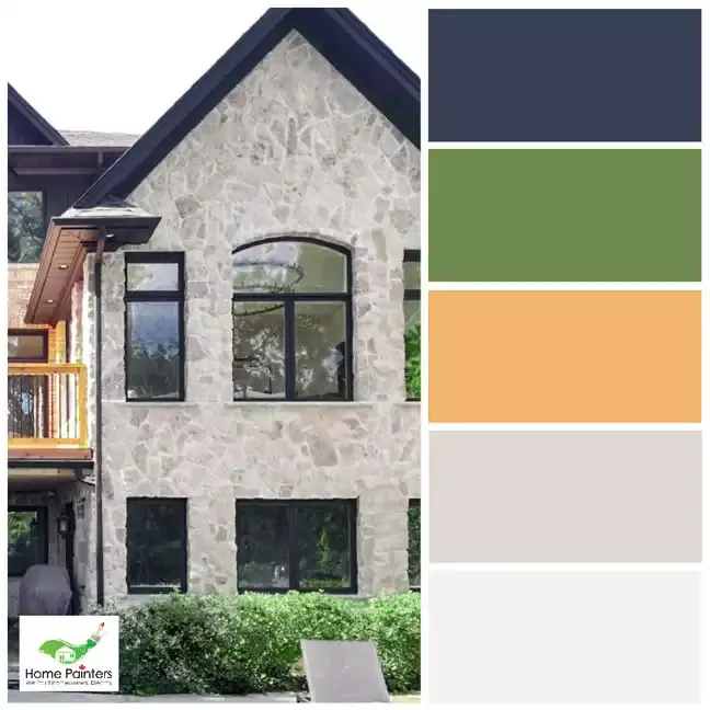 exterior window trim painted on stone house, colourful colour palette for exterior design inspiration, brick painters, exterior painters, complementary colours
