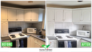 Before and After of Kitchen Cabinet painting by Toronto painting company Home Painters Toronto, painting kitchen cabinets, kitchen cabinet painting, painting melamine cabinets, cabinet refinishing by professional painters, interior house painters