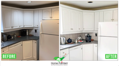 Before and After picture of Kitchen Cabinet painting with silver Appliances