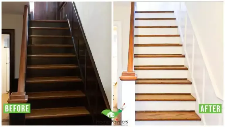 before and after image of interior staircase painting make-over home painters toronto project, painted staircase ideas