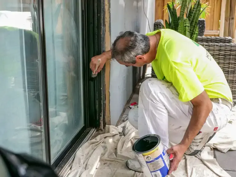 Exterior window painting painters working on ladders home painters toronto painting aluminum or vinyl trims