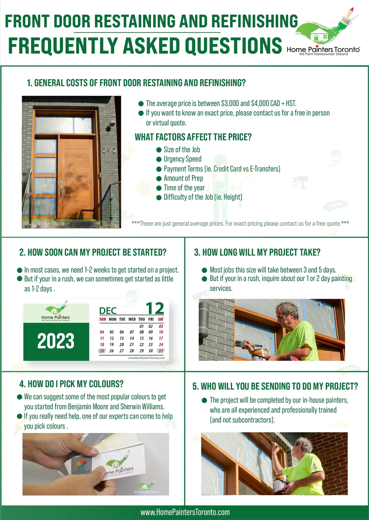 Infographic of frequently asked questions about exterior front door restaining and refinishing