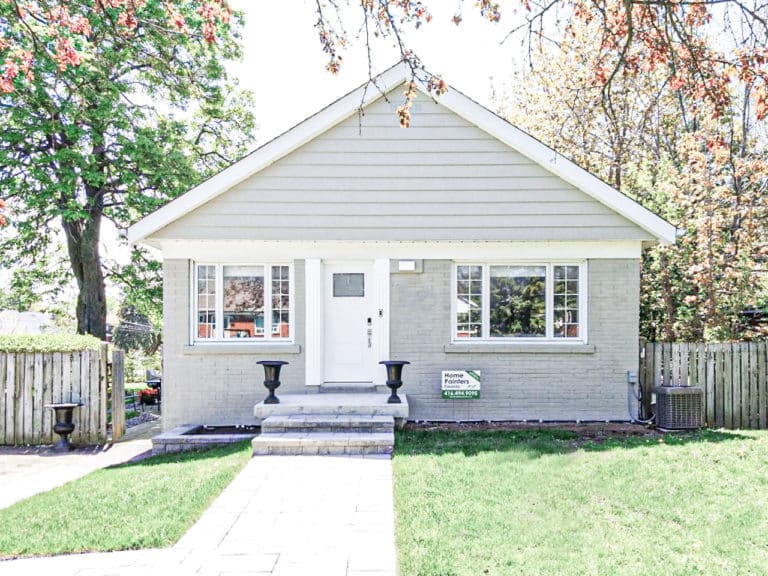 warm grey small townhouse, exterior aluminum siding painting