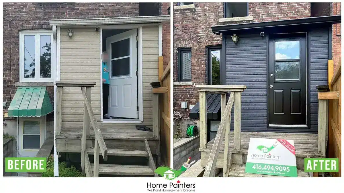 Professional siding repair crew in Toronto GTA assessing cracked vinyl and aluminum panels on a home after storm damage before measuring square footage and checking the moisture barrier behind the cladding for a 2026 repair quote