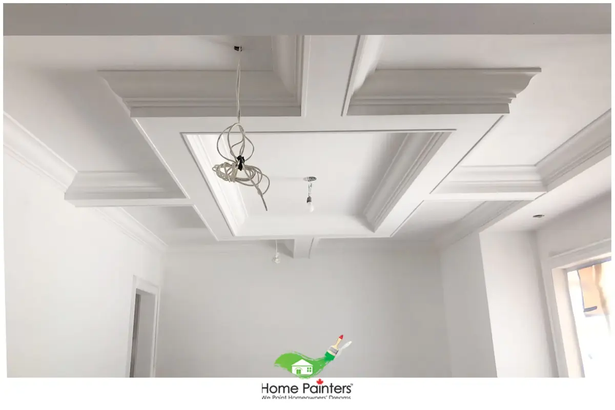 Interior painting ceiling white crown moulding and trim in newly renovated living room