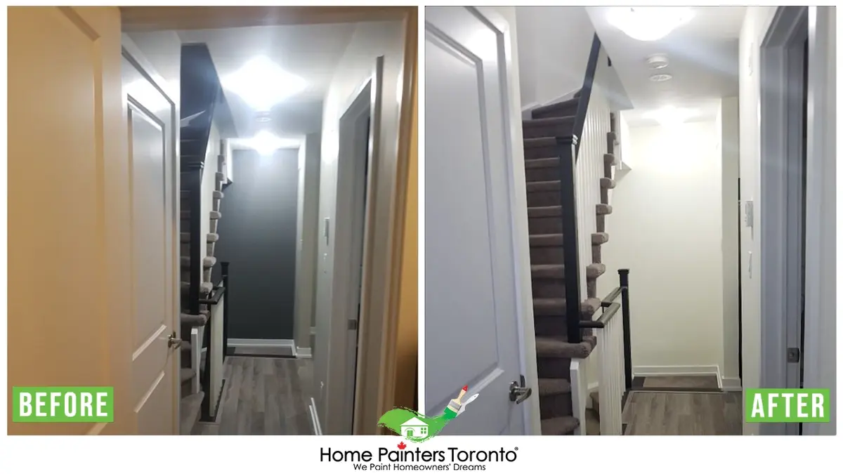 interior staircase staining and wall painting before and after