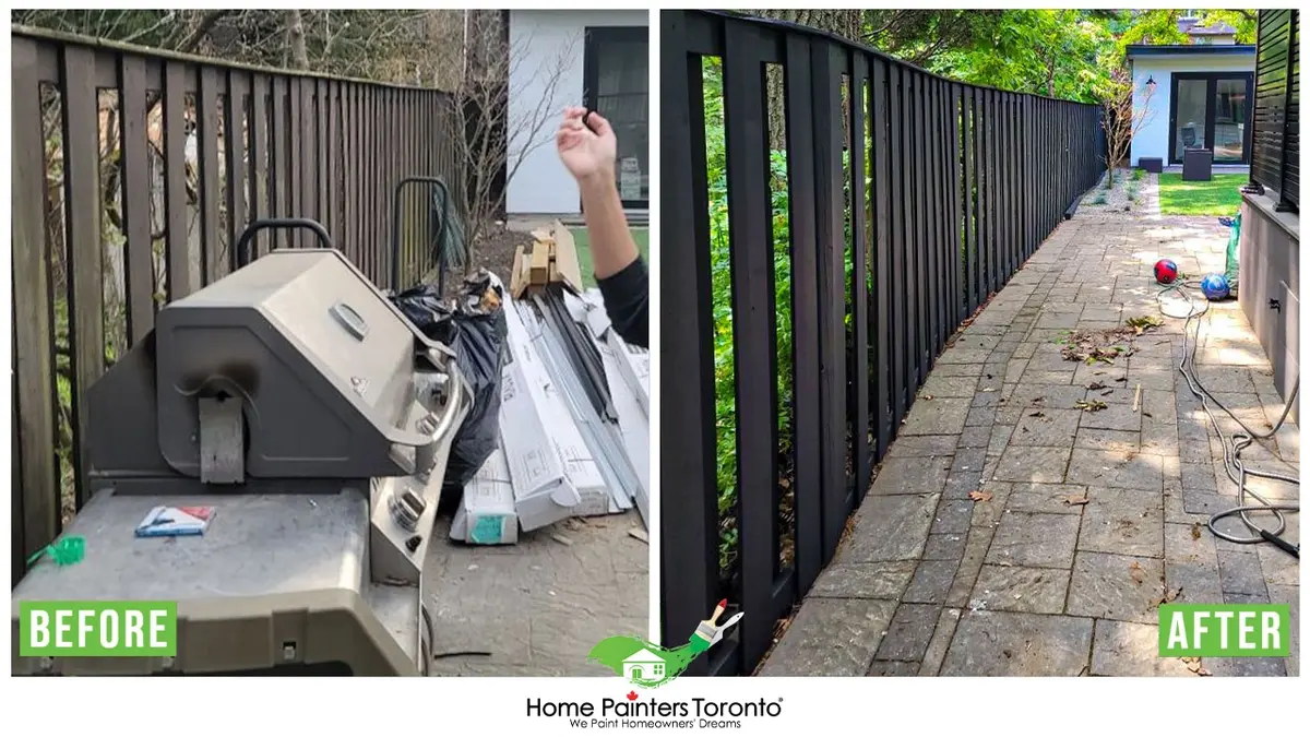 Before and after result of wood fence replacement, repair, painting and staining