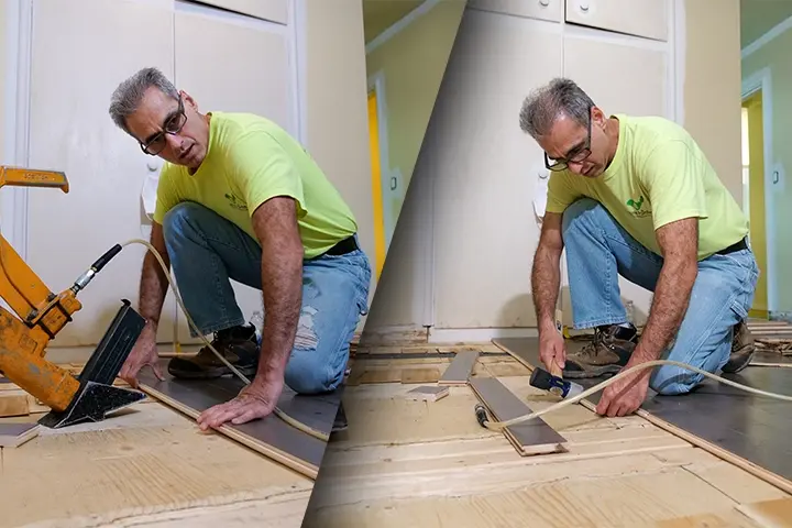 carpenter installs hardwood floor