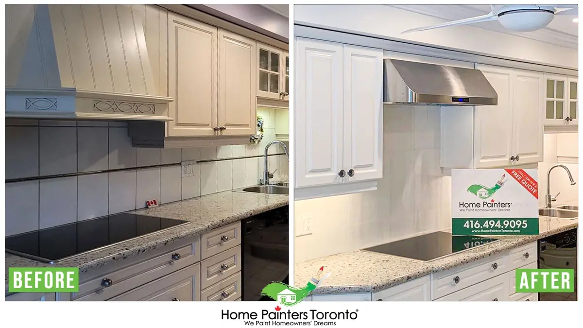 before and after result of backsplash tile painting, repair and replacement