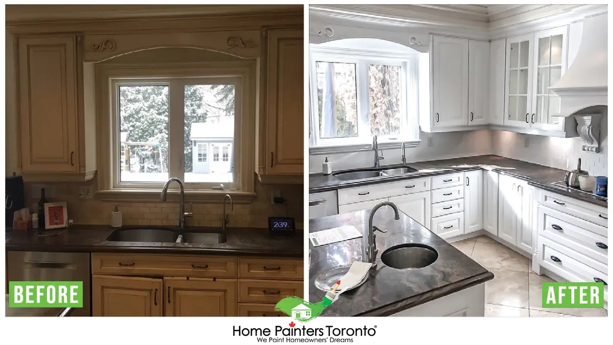 before and after result of backsplash tile painting, repair and replacement