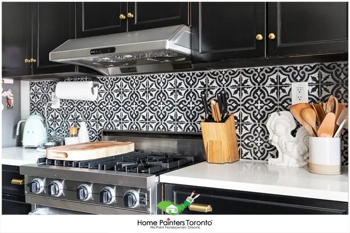 kitchen cabinet bold patterned tiles