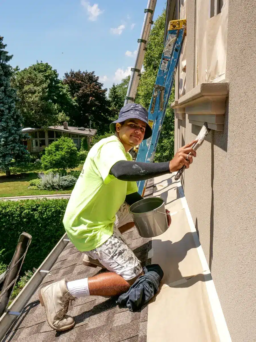 Exterior Painting Residential Taupe Workers with Brush Stucco by Home Painters Toronto