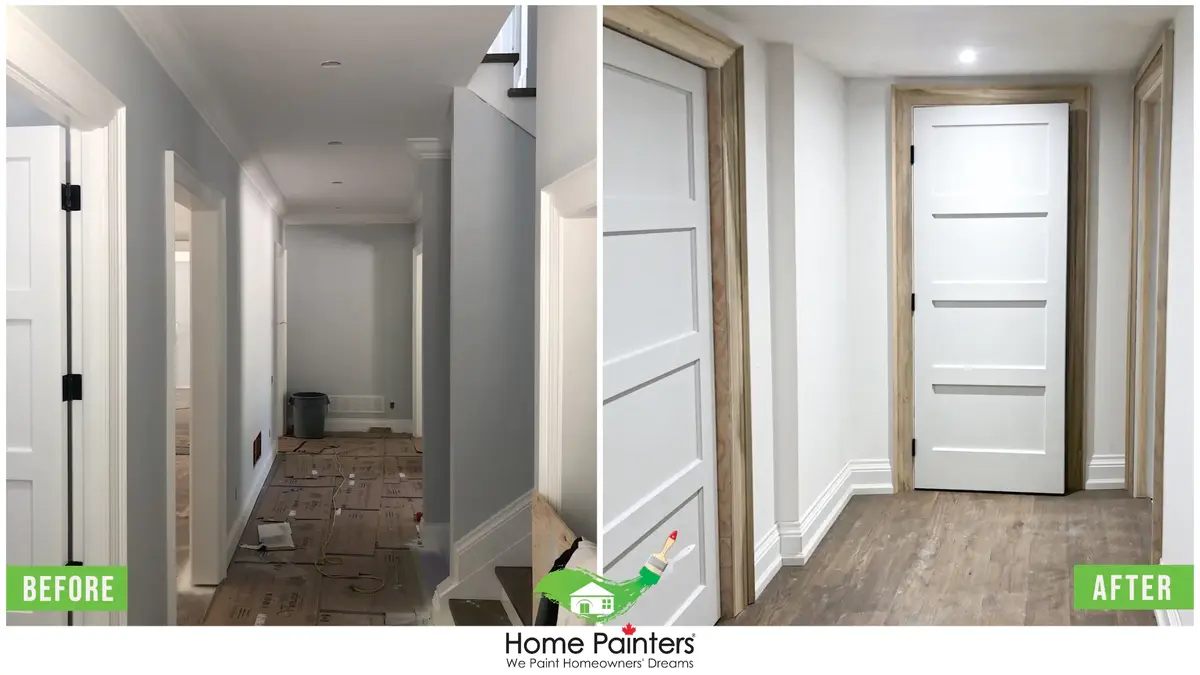 Interior-Painting_Drywall-Installation_White_Before-and-After-Finished-Hallway-with-Doors