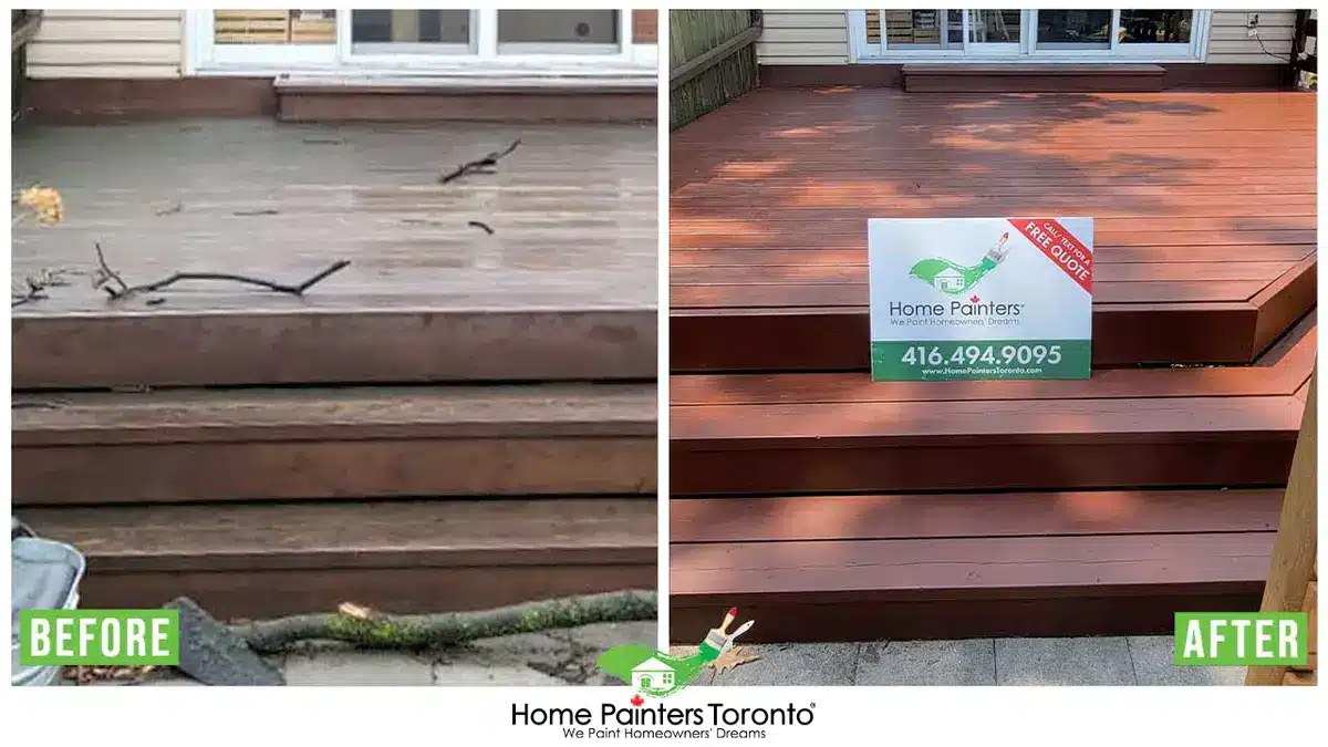 Professional exterior deck staining using water based acrylic stain on a pressure treated pine deck in Toronto GTA showing even penetration and consistent colour