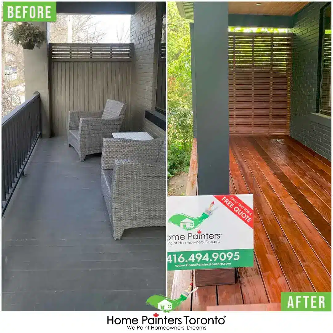 Comparison of solid semi transparent and clear deck stain finishes on a cedar deck in the GTA showing the difference in opacity and wood grain visibility