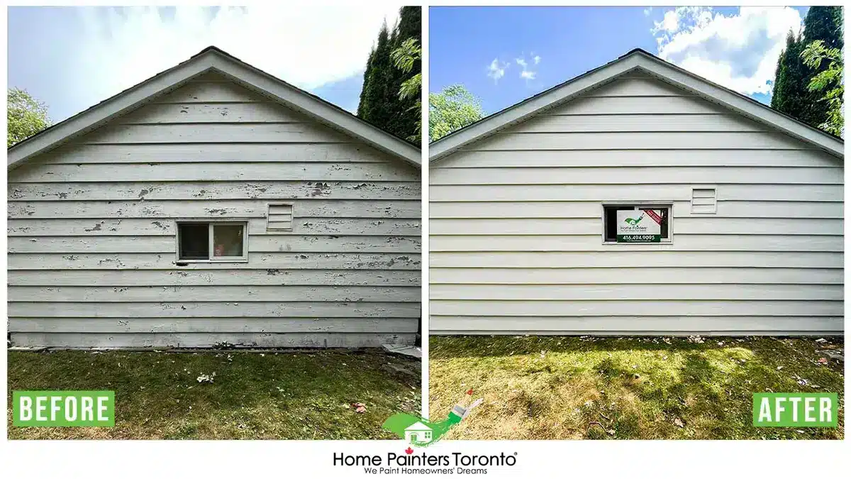 Peeling paint on wood siding of a Toronto home revealing bare wood underneath