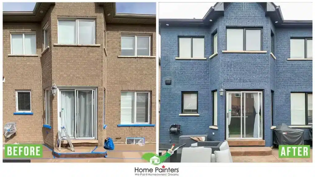 brick staining window painting and Eaves soffits downspouts painting by home painters toronto 2